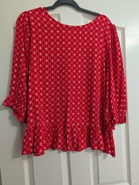 Elodie Red Printed Ruffle-Hem Tunic Top
